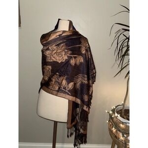 Ama Waterways Women's Floral Shawl Wrap Scarf Navy Gold Fringe Accent